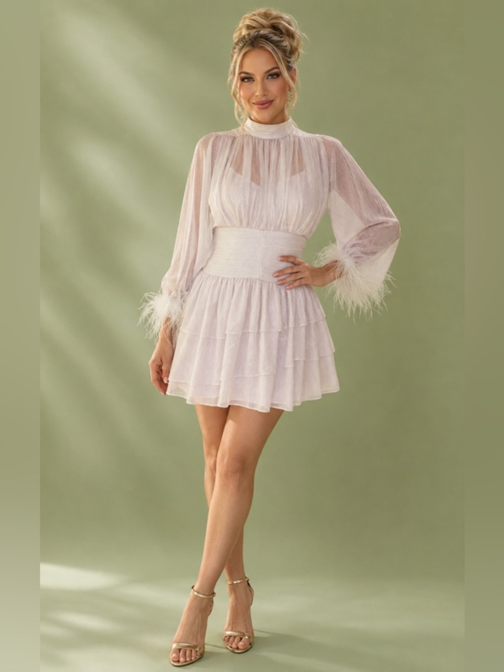 A Loves A White Metallic Chiffon Feather Trim Ruched Mini Dress NEW XS